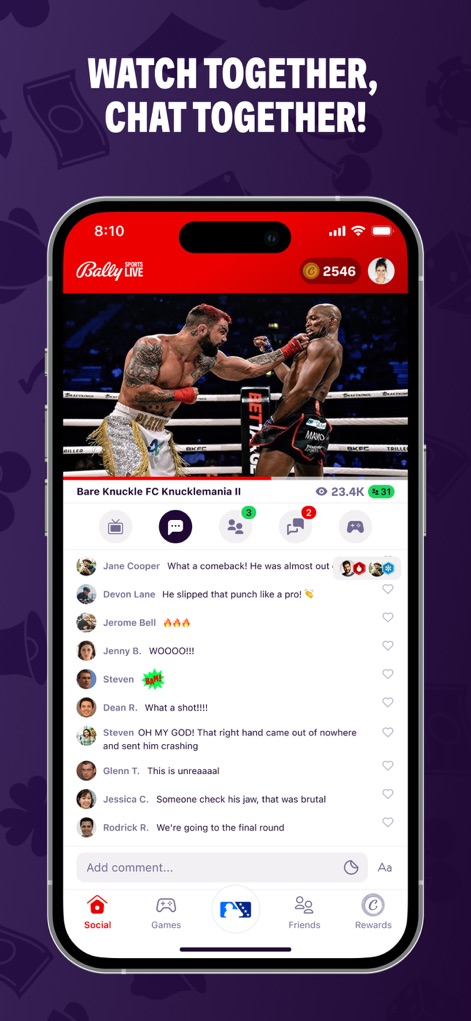 Bally Sports Live - Durante gli eventi di combattimento, gli utenti possono interagire in tempo reale tramite una chat vivace, inviando commenti e emoji visibili all'interno del feed principale per condividere l'emozione della partita.