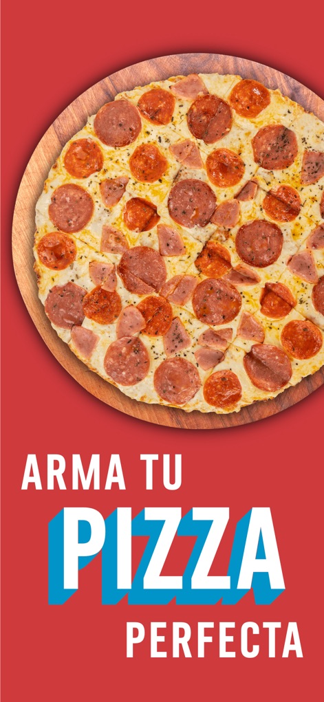 Domino's Pizza México - Esta captura destaca la capacidad de personalización, revelando una pizza con una generosa variedad de ingredientes y el diseño visual de la pizza entera, perfectamente horneada y lista para disfrutar.