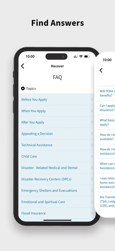 FEMA - Users can navigate a comprehensive list of "FAQ" topics related to disaster recovery, including detailed questions under sections like "Before You Apply".