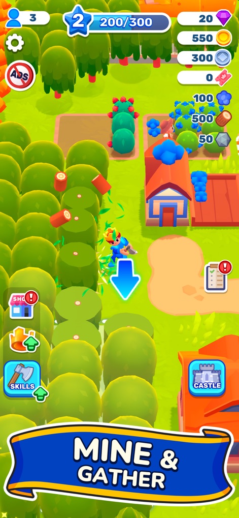 Royal Lands - Save The King - Users can observe the character actively felling trees for wood and the clear resource icons tracking accumulated supplies.