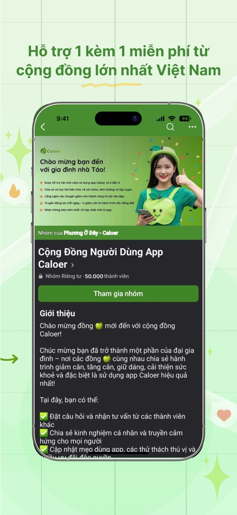 Caloer - Tính Calo & Giảm Cân - The app connects users to a vibrant community group for free 1-on-1 support, visible through its inviting interface and prominent 'Join group' button.