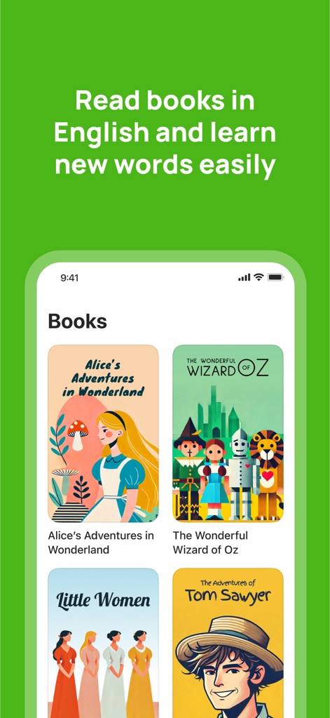 10 Minute English - Explore the app's immersive book collection, featuring accessible English novels like "Alice's Adventures in Wonderland" and their distinct cover art for engaging vocabulary acquisition.
