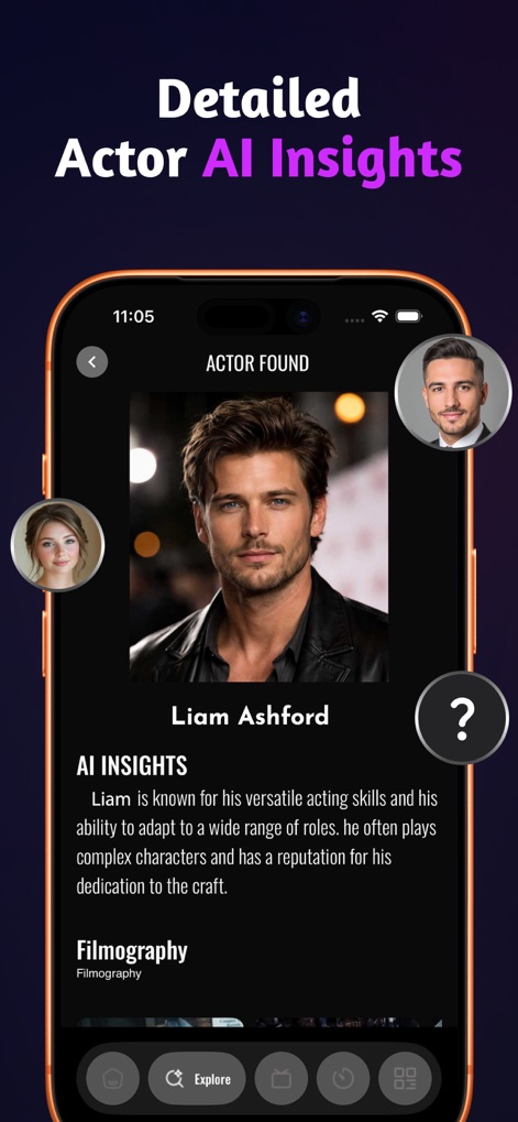 SeeMore: Films and Series - Explorez des profils d'acteurs complets avec des "AI INSIGHTS" décrivant leurs compétences et une "Filmography" détaillée.