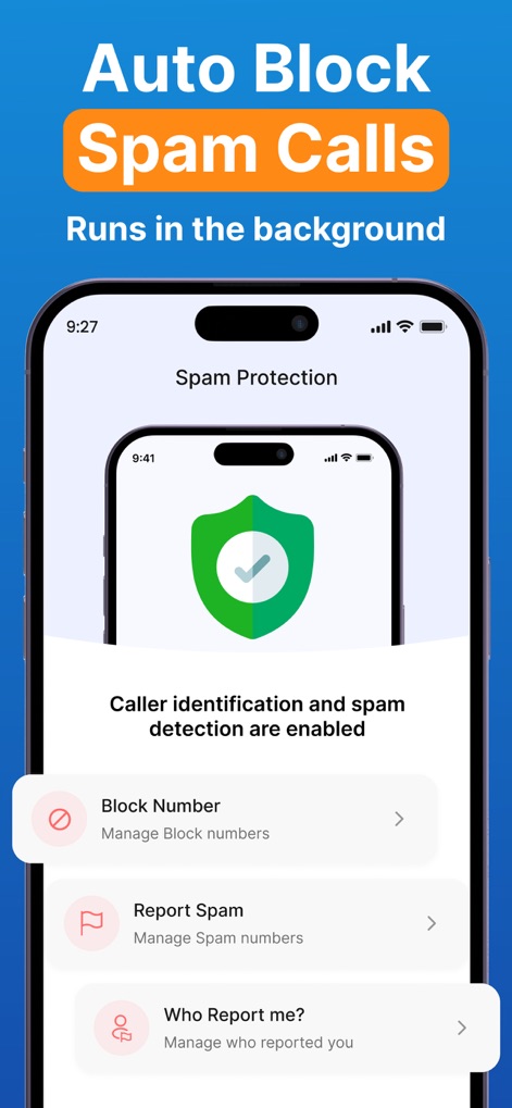 True CallerID: Spam Blocker - Los usuarios pueden ver que la "Protección contra Spam" está activa con un escudo verde, y tienen a mano funciones cruciales como la opción de "Bloquear Número" y "Reportar Spam".