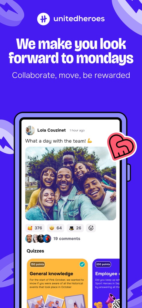 United Heroes - La aplicación fomenta la interacción con un feed social que muestra publicaciones de los usuarios y sus reacciones, y ofrece la posibilidad de participar en quizzes para sumar puntos.