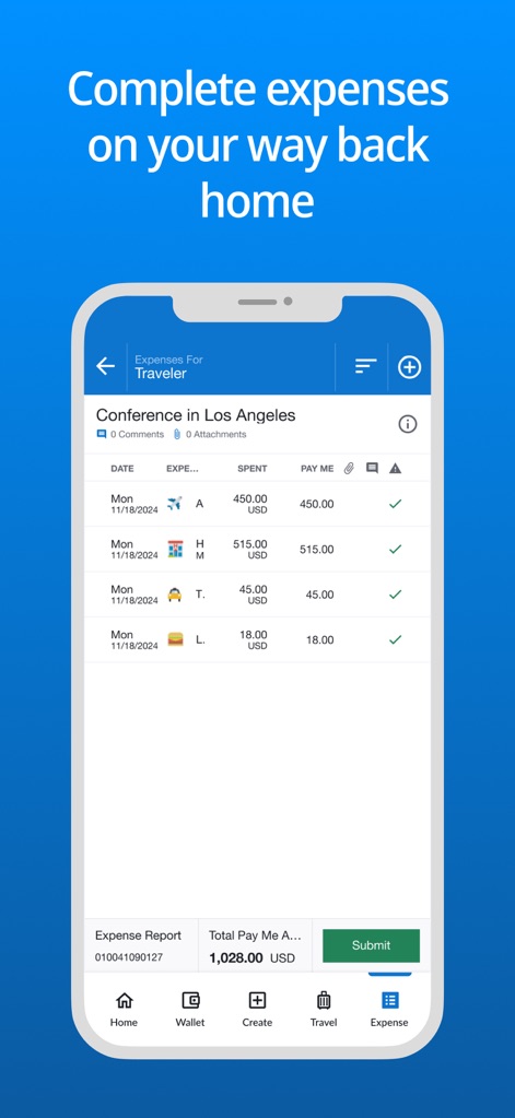 Emburse Enterprise - This view demonstrates the app's capability for efficient expense reporting, where users can review a comprehensive list of individual expenses and easily initiate the "Submit" process for the total "Pay Me A..." amount.