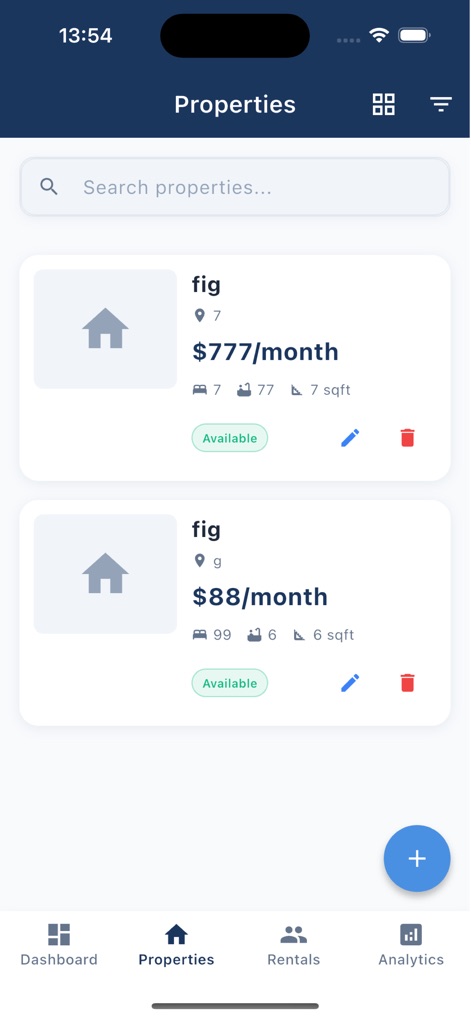 Neat Bill: Room Resources - Property managers can easily browse and search their property portfolio, with each listing card detailing pricing and property specifications like number of bedrooms and square footage.