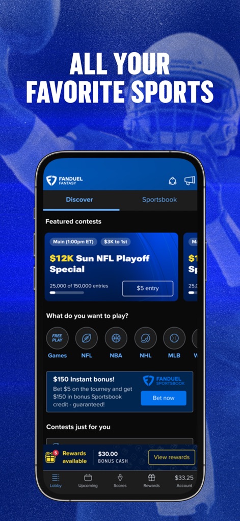 FanDuel Fantasy Sports - The app provides quick access to a wide array of sports contests through intuitive navigation tabs and distinct sports icons for easy selection.