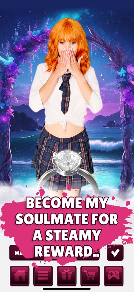 Pocket Love - Gamer Girl - 이 화면에서는 사용자에게 'SOULMATE' 관계로의 발전을 독려하며, 거대한 다이아몬드 반지와 같은 상징적인 이미지를 통해 다음 단계의 보상을 시각적으로 암시합니다.