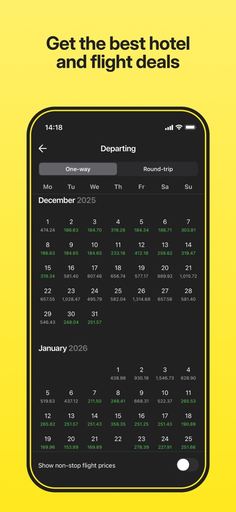 OneTwoTrip Flights and Hotels - The app offers an intuitive interactive calendar displaying real-time flight prices for various dates and convenient 'One-way' and 'Round-trip' toggles for flexible planning.