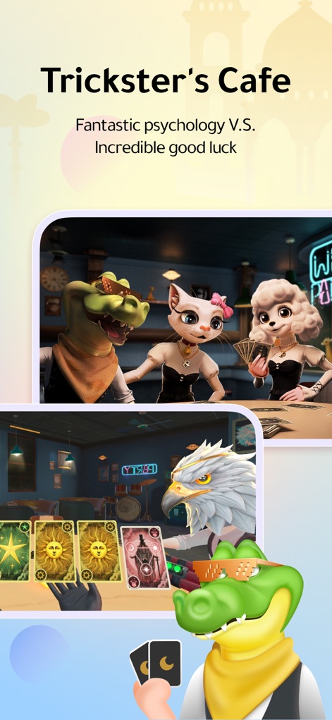 WePlay - Game & Party - Experience 'Trickster's Cafe' with its charming animated animal characters and visually rich playing cards.