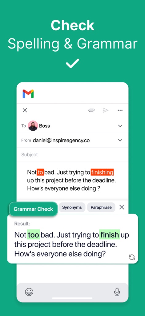 TypeAI: AI Keyboard & Writer - The app highlights incorrect grammar and spelling in a Gmail draft, demonstrating its real-time correction capabilities and the 'Grammar Check' button.