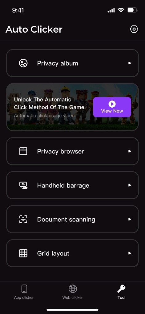Auto Clicker-Auto Tapper tool - Discover the app's comprehensive suite of tools, including a secure "Privacy album" and an anonymous "Privacy browser", alongside creative utilities like "Grid layout" for enhanced digital life.