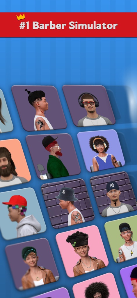 Barber Chop 2 - Die App präsentiert eine Vielzahl anpassbarer Charaktere und hebt sich als #1 Barbersimulator hervor, um Nutzer direkt zum kreativen Styling einzuladen.