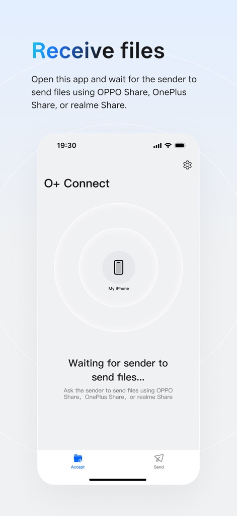 O+ Connect - Observe the streamlined interface for receiving files, featuring a prominent 'Accept' button and a clear visual indicator for the connected iPhone.