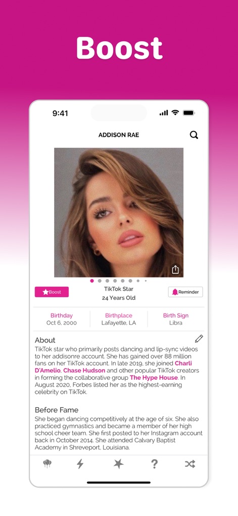 Famous Birthdays - Users can delve into detailed celebrity profiles, viewing comprehensive biographical information and interactive 'Boost' and 'Reminder' buttons.