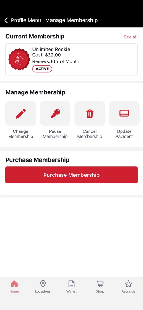 Club Car Wash - Users can easily review their 'Current Membership' status and utilize direct actions like 'Change Membership' or 'Cancel Membership' for full control.