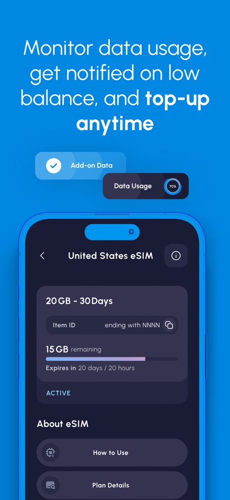 Nomad eSIM: Prepaid Data Plan - Los viajeros tienen la capacidad de monitorizar su consumo de datos, con una barra de progreso visual que indica los GB restantes y la opción de añadir datos adicionales o recargar en cualquier momento.