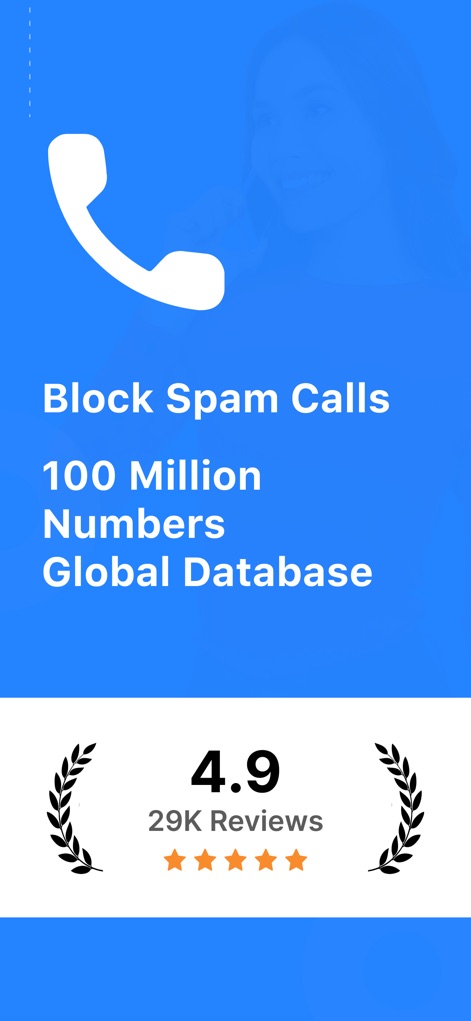 True: Call ID &Number Search - See how the app leverages its robust 100 million number global database for spam blocking and showcases a high 4.9-star rating from 29K reviews.