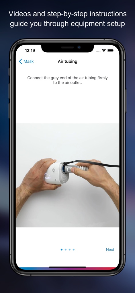 AirMini™ by ResMed - This visual highlights the app's guided setup feature, offering clear, step-by-step instructions for equipment assembly and visual cues like connecting the air tubing.
