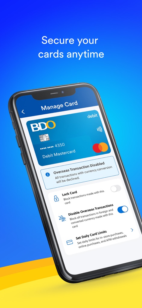 BDO Online - This tool offers robust card management, allowing users to instantly 'Lock Card' and easily 'Set Daily Card Limits' to safeguard their financial assets.