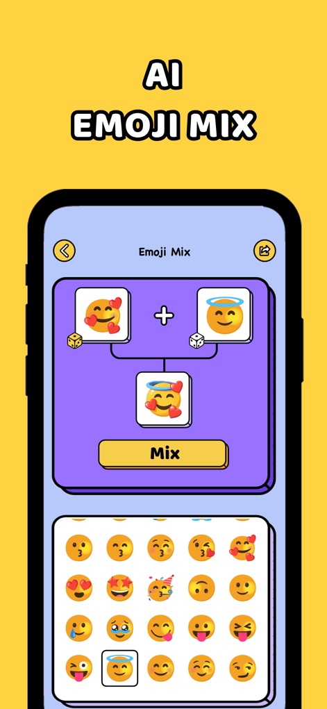 Easy Stickers - Sticker maker - O recurso "AI Emoji Mix" possibilita combinar dois emojis existentes, como a fusão do emoji de anjo com o de coração, criando novas expressões a partir da grade de opções.