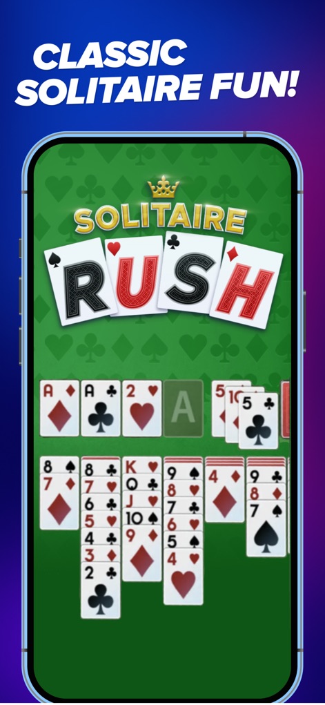 WorldWinner: Play for Cash - Enjoy the familiar challenge of Solitaire Rush, featuring clearly arranged 'card stacks' against a clean green background for an optimal playing experience.