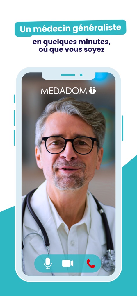 Medadom - Un médecin en visio - Witness the app's seamless video call interface featuring a professional doctor, alongside intuitive controls for microphone and video toggles.