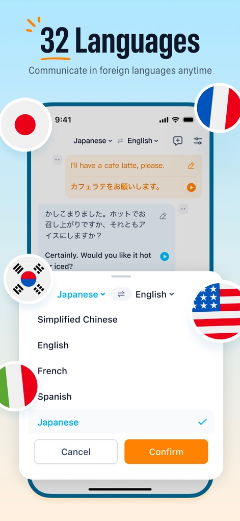 TransGull - AI Live Translator - O TransGull oferece suporte a um vasto leque de idiomas, visível na lista de opções de idioma disponíveis e nas bandeiras nacionais ilustrando a diversidade global que o aplicativo abrange.
