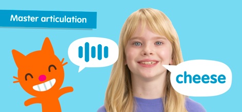Sago Mini First Words: Kids 1+ - Witness how the app supports clear speech development, highlighting a child articulating 'cheese' alongside a sound wave visualizer for pronunciation feedback.