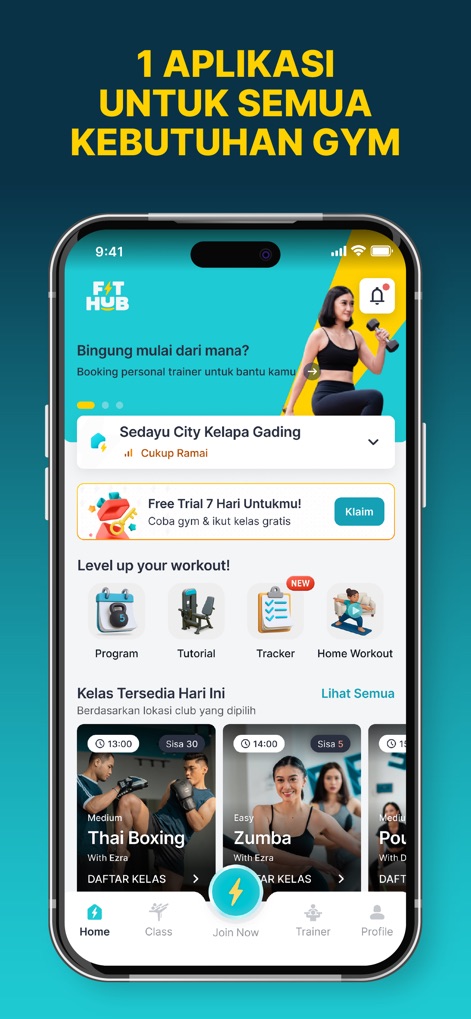 FIT HUB | Gym & Fitness App - See how the app's intuitive dashboard presents a clear navigation bar and personalized workout sections, including a 7-day free trial banner and daily class listings.