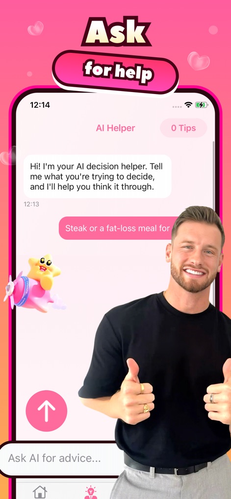 Tippy - Social - A tela apresenta o 'AI Helper', onde os usuários interagem com um assistente de IA que oferece conselhos, como a sugestão de escolha entre 'Steak ou uma refeição para perda de gordura', em um formato de 'chat conversacional'.