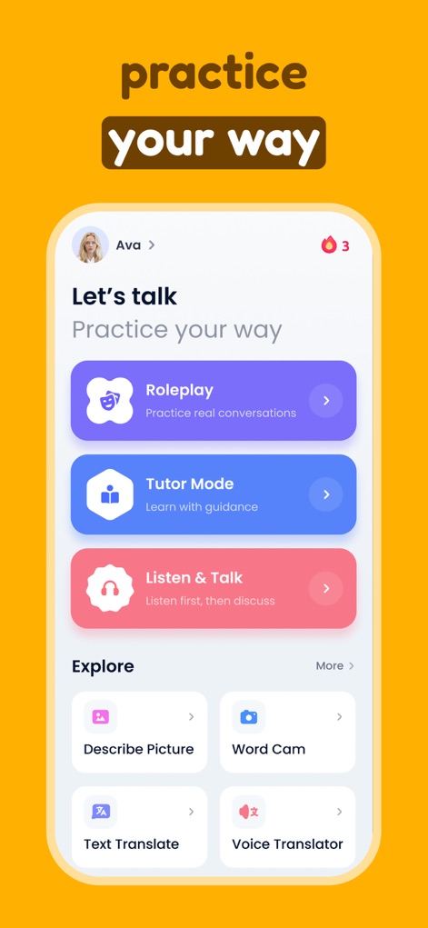 TalkMe: Speak & Learn English - The interface showcases versatile practice modes such as "Roleplay" and "Tutor Mode," alongside engaging "Explore" features like "Describe Picture" and "Word Cam."