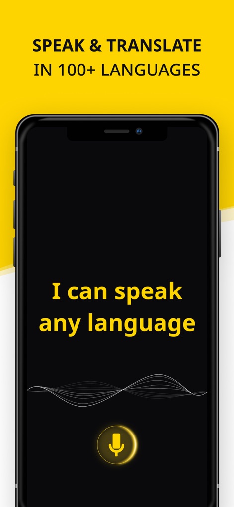 Translator Guru: Voice & Text - Esta interfaz limpia con un micrófono central y una onda de sonido muestra la funcionalidad de traducción de voz en tiempo real, destacando la frase "I can speak any language".