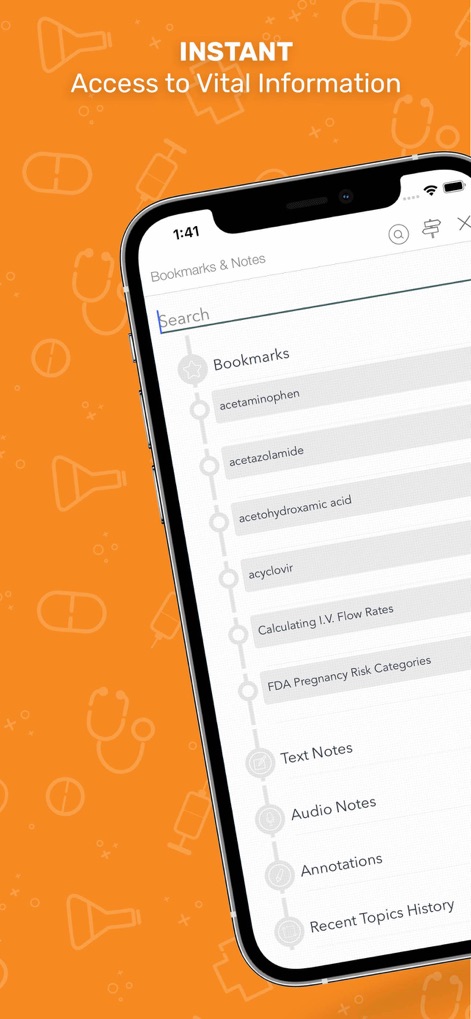 Nurse’s Drug Handbook - Nutzer erhalten sofortigen Zugriff auf wichtige Informationen durch die Funktion „Bookmarks & Notes“, die hier mit einer Suchleiste und einer Liste von Lesezeichen wie „acetaminophen“ und „acyclovir“ dargestellt ist.