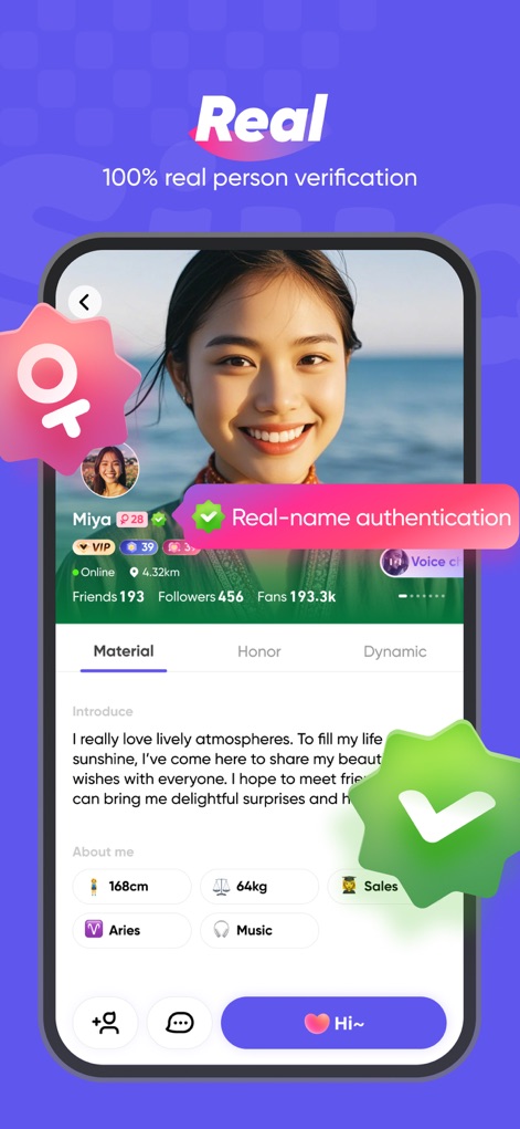 Siya - Make friends for real - This tool highlights its robust "Real-name authentication" process, ensuring genuine interactions and detailed user profiles for transparency.