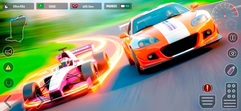 TurboX: Moto & Car Racing Game - Los usuarios aprecian la velocidad a través de efectos visuales de impulso de neón en un coche de Fórmula y un coche deportivo, indicando el uso de habilidades especiales.