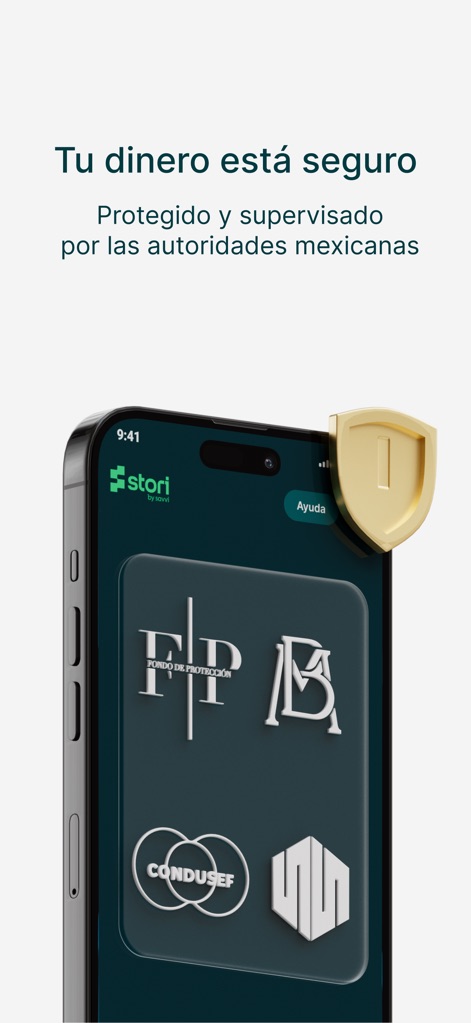 Stori - Crédito y Ahorro - The app reassures users with visible "regulatory body logos" from Mexico, underscoring robust protection and the prominent "golden shield" symbol for financial security.