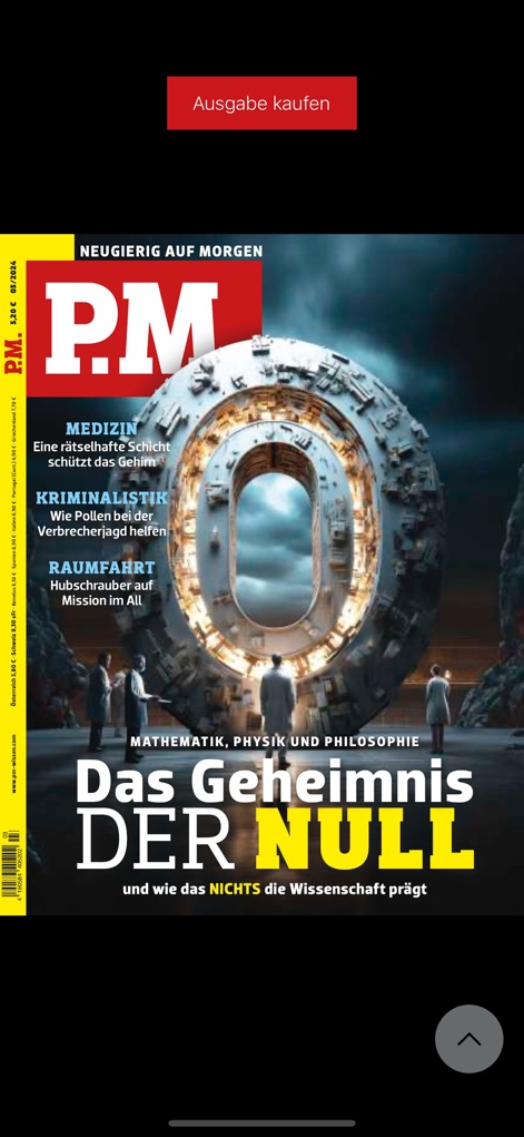 PM Magazin - 사용자는 특정 매거진의 전체 커버 아트와 주요 헤드라인인 'Das Geheimnis der NULL'을 자세히 살펴볼 수 있으며, 상단의 명확한 'Ausgabe kaufen' 버튼을 통해 손쉽게 구매를 진행할 수 있습니다.