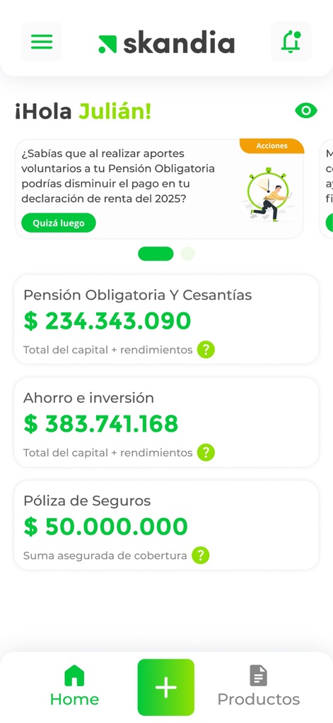 Skandia Colombia APP - La vista principal ofrece un resumen detallado y personalizado de los productos financieros del usuario, mostrando los saldos actualizados de la pensión obligatoria y el ahorro, junto a una destacada alerta sobre beneficios fiscales.