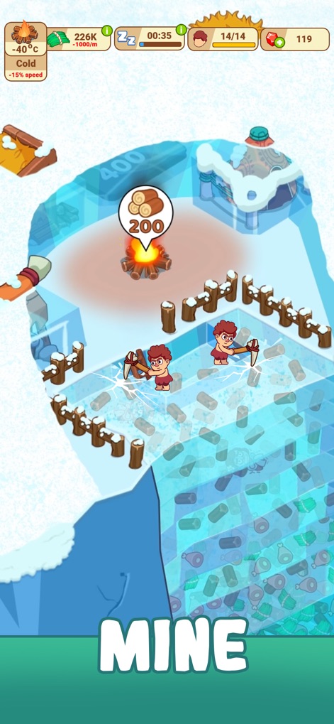 Icy Village: Survival Idle - Gli utenti possono osservare due personaggi che estraggono attivamente il ghiaccio con picconi e il contatore dei tronchi di legno accumulati.