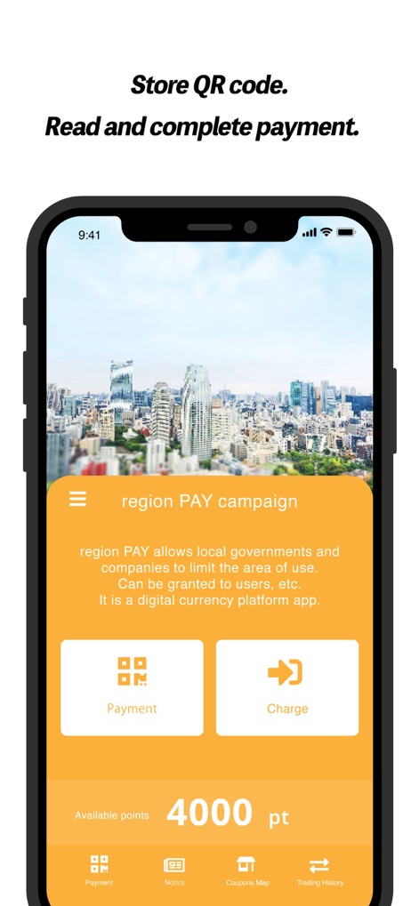 region PAY - The app streamlines transactions, presenting clear options for initiating payments and managing available points within any active regional campaign.