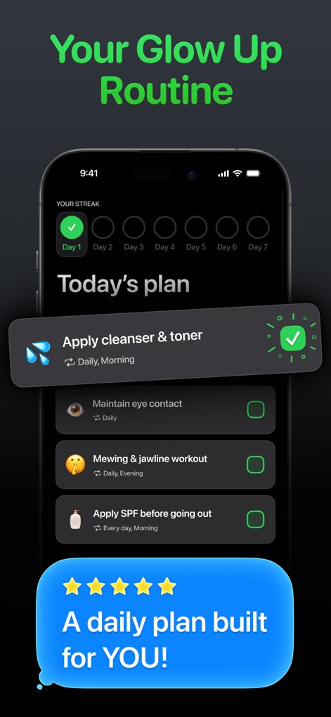 Maxxing: LooksMaxxing Glow Up - The app generates a customized daily routine, featuring actionable steps such as applying cleanser & toner and specific mewing & jawline workouts.