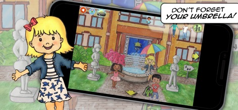 My PlayHome Plus - Discover an engaging outdoor environment, showcasing characters enjoying a rainy day with colorful umbrellas and a central fountain.