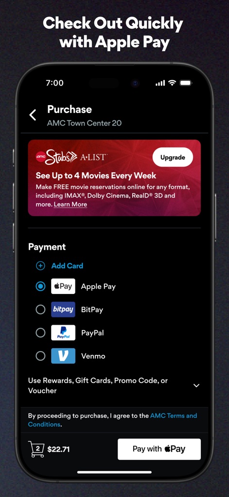 AMC Theatres: Movies & More - La aplicación agiliza el proceso de compra con múltiples opciones de pago digital, incluyendo Apple Pay y PayPal, y una clara visualización del total del pedido.