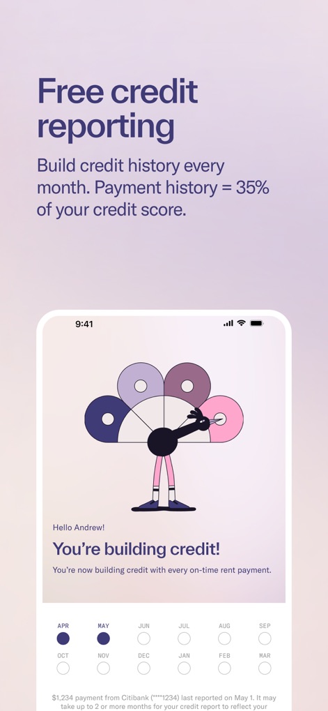 Split Pay by Rent App - Users can activate 'Free credit reporting', receiving confirmation like 'You're building credit!' and viewing their positive payment history on a monthly calendar from 'APR' to 'MAR'.