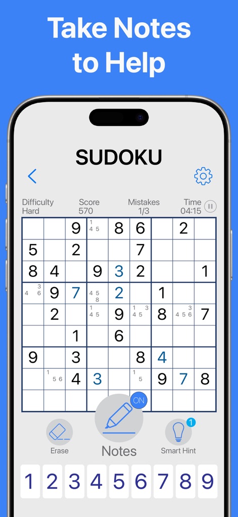 Sudoku No Pop-up Ads - ユーザーはメモ機能を使用して、各セルの可能性のある数字を「鉛筆マーク」で記録し、「Notes」ボタンの「ON」状態を確認できます。