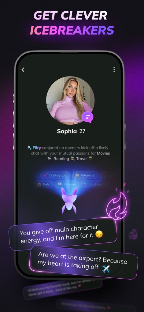 Flirtini - Match, Chat, Flirt - This screenshot demonstrates the AI-powered Icebreaker feature, generating witty conversation starters and highlighting user interests like 'Movies' and 'Reading'.