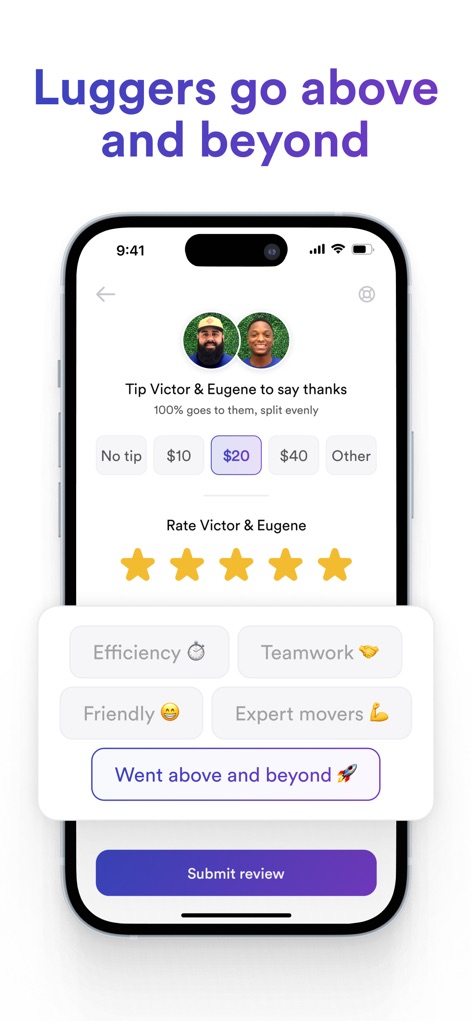 Lugg - Moving & Delivery - La aplicación facilita la valoración del servicio con un sistema de estrellas y ofrece opciones de propina preestablecidas como "$20", además de permitir a los usuarios dar retroalimentación específica a través de etiquetas descriptivas como "Efficiency" o "Expert movers".