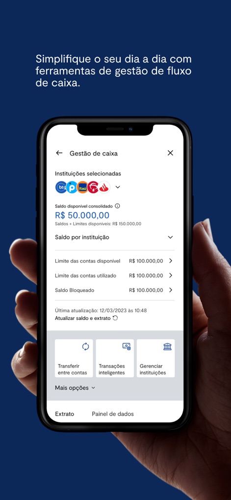 BTG Pactual Empresas: Conta PJ - Simplifiez le quotidien avec une gestion de trésorerie affichant le solde disponible consolidé et des options pour gérer les institutions et transferts.
